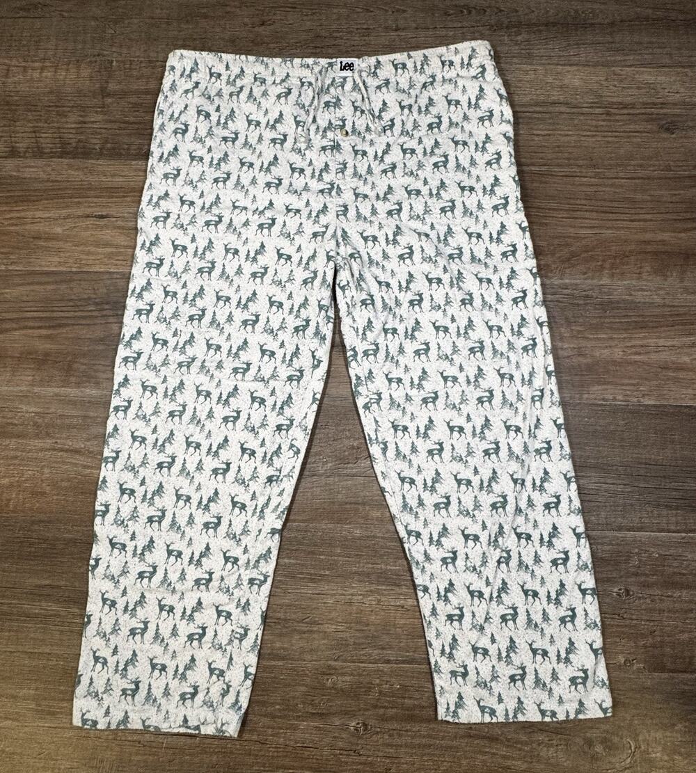 Lee Pajama Pants Mens Medium Deer Pine Trees Lounge Sleepwear Cotton Green Cream